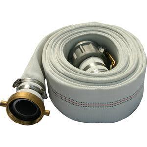 The fire hose type Fill Hose is available in 25 and 50 foot lengths with a polyester design. One end has a camlock fitting to attach to the jetter's fill pipe.  The opposite end is set to attach to a fire hydrant fitting.