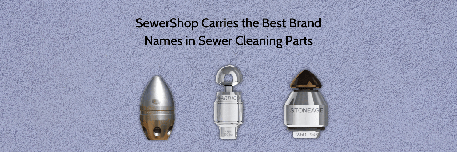 Image shows three different sewer jetter nozzles of different brands, offered by SewerShop.com