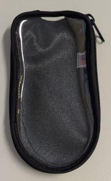 Black zippered case with textured gray interior on a beige background