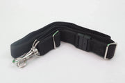 Black lanyard with metal clip on a white background