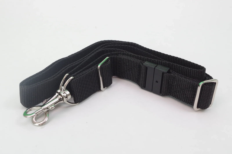 Black lanyard with metal clip on a white background