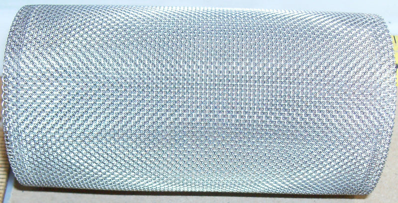 Metallic silver mesh roll on a light gray background