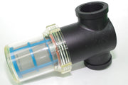 Black plastic plumbing fitting with clear and blue components on a white background