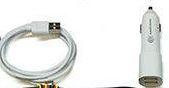 USB cable and car charger on a white background