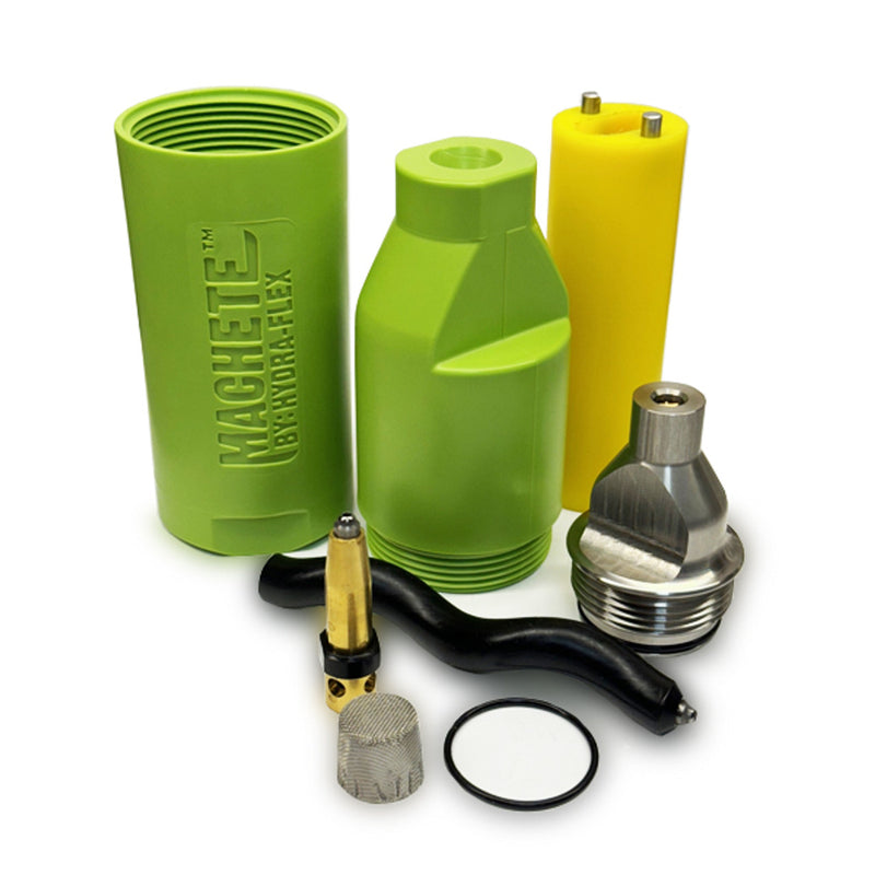 Set of green and yellow plastic components with metal parts on a white background, Machete by Hydra-Flex.