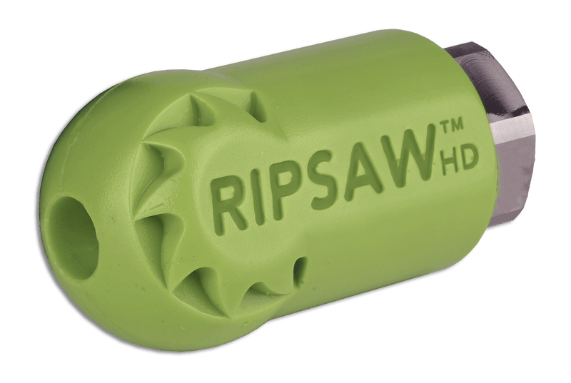 Side view of Ripsaw HD spinner-tip nozzle, engineered for optimal rotation to enhance digging power, improve control, and reduce wear, extending the nozzle's lifespan.