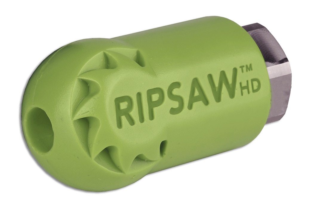 Side view of Ripsaw HD spinner-tip nozzle, engineered for optimal rotation to enhance digging power, improve control, and reduce wear, extending the nozzle's lifespan.