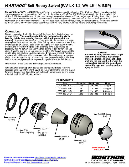 nozzle, sewer nozzle, 1/4" sewer nozzle, sewer cleaning, high pressure nozzle, controlled rotation nozzle, jetter, jetting, jet rodder, jet rodding, WV, wv, Warthog: WV-1/4-LK Sewer 1/4" Jetter Nozzles operation document